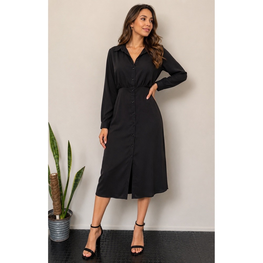 Navy Blue‎ Button Front Midi Shirt Dress – Size M Longe Sleeves